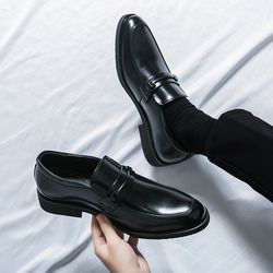 classic style men's formal leather shoes, slip on loafers, breathable round toe, non-slip business dress wedding office