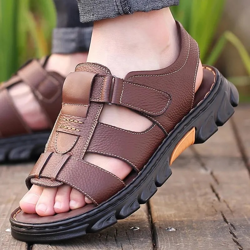 Mens Casual Summer Sandals Adjustable Solid Color Shoes With Durable Rubber Sole Breathable PU For 3