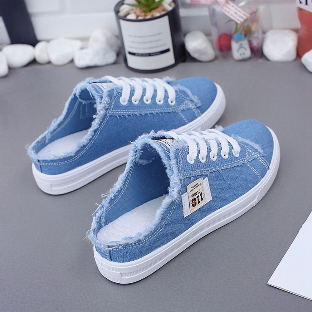 Low Top Denim Sneakers Lace-Up Canvas Sneakers for Women Spring Summer