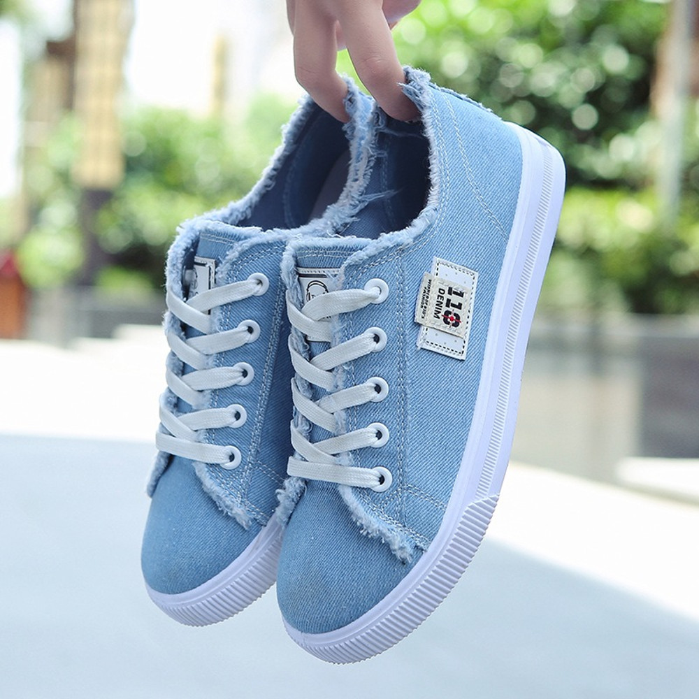 Low Top Denim Sneakers Lace-Up Canvas Sneakers for Women Spring Summer