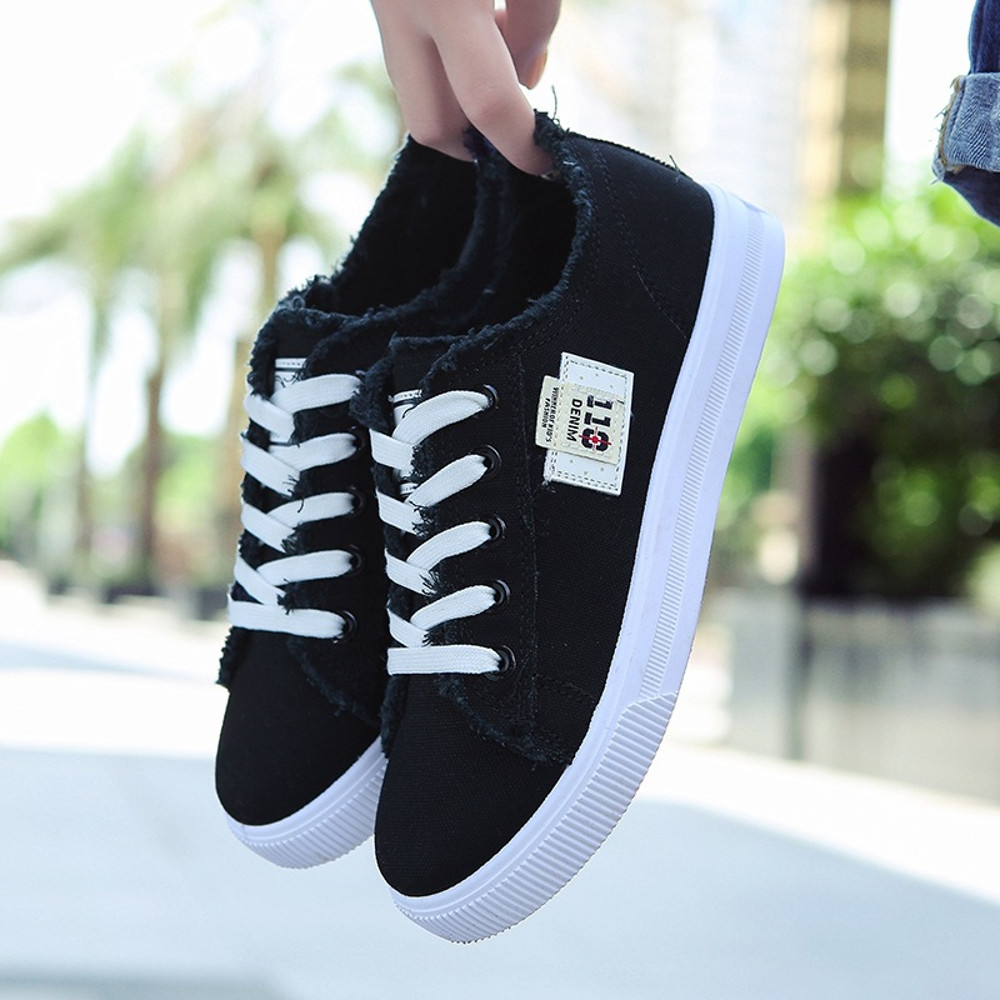 Low Top Denim Sneakers Lace-Up Canvas Sneakers for Women Spring Summer