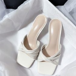 new fashion summer handmade women shoes high heels square open toe slippers apricot off white