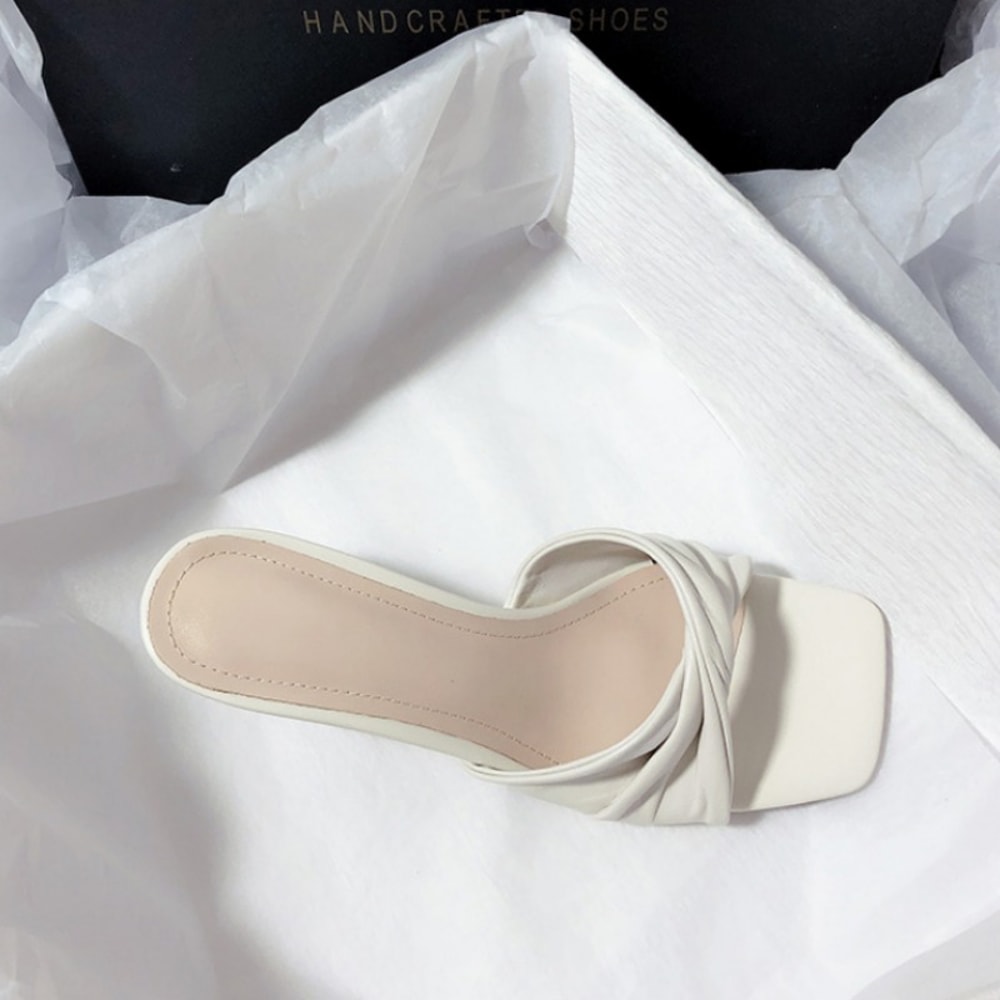 New Fashion Summer Handmade Women Shoes High Heels Square Open Toe Slippers Apricot Off White 5