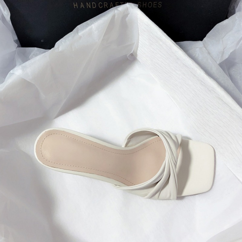 New Fashion Summer Handmade Women Shoes High Heels Square Open Toe Slippers Apricot Off White 5