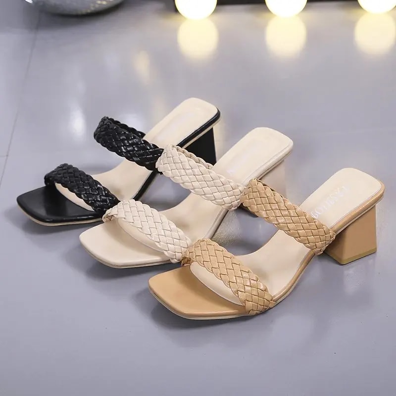 New Summer Sandals With Thick Heel Square Head Solid Color Highheeled Womens Slippers For Outer Wea 0
