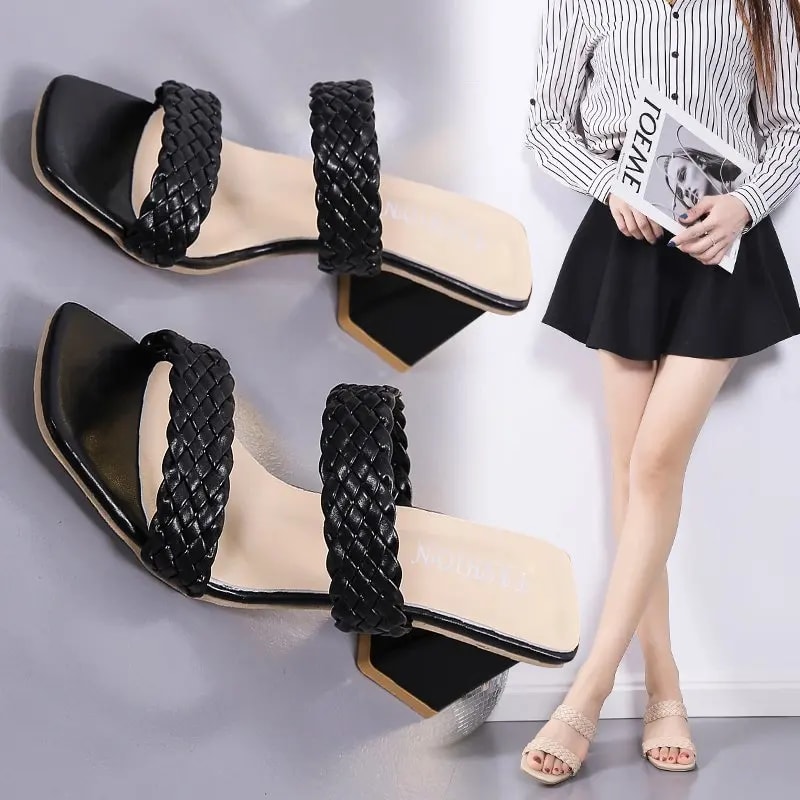 New Summer Sandals With Thick Heel Square Head Solid Color Highheeled Womens Slippers For Outer Wea 1