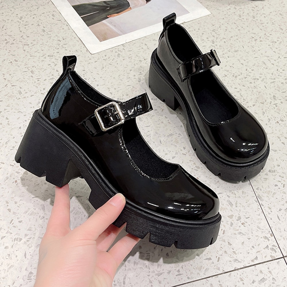 Women Black Ankle Buckle Platform Pumps Punk Mary Jane Shoes Patent Leather Thick Heels 0