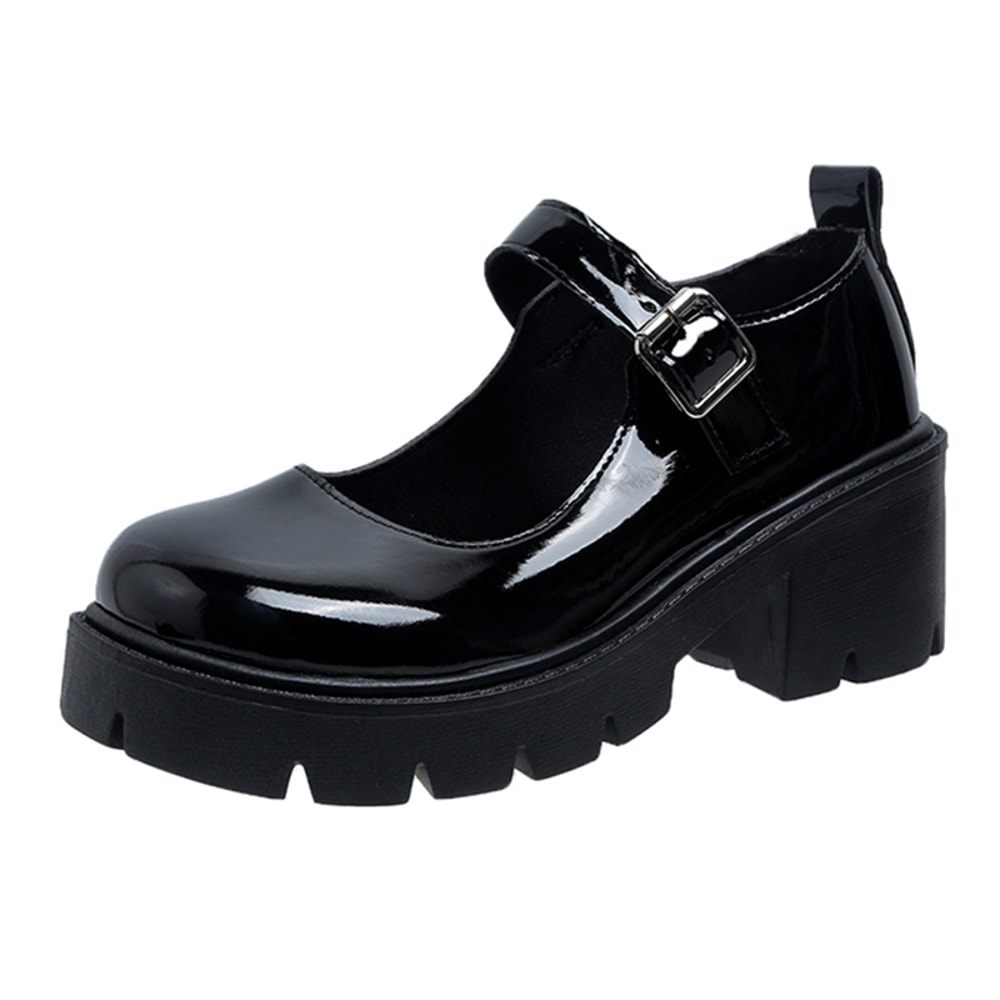Women Black Ankle Buckle Platform Pumps Punk Mary Jane Shoes Patent Leather Thick Heels 3