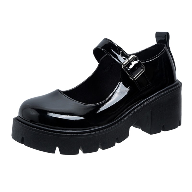 Women Black Ankle Buckle Platform Pumps Punk Mary Jane Shoes Patent Leather Thick Heels 3