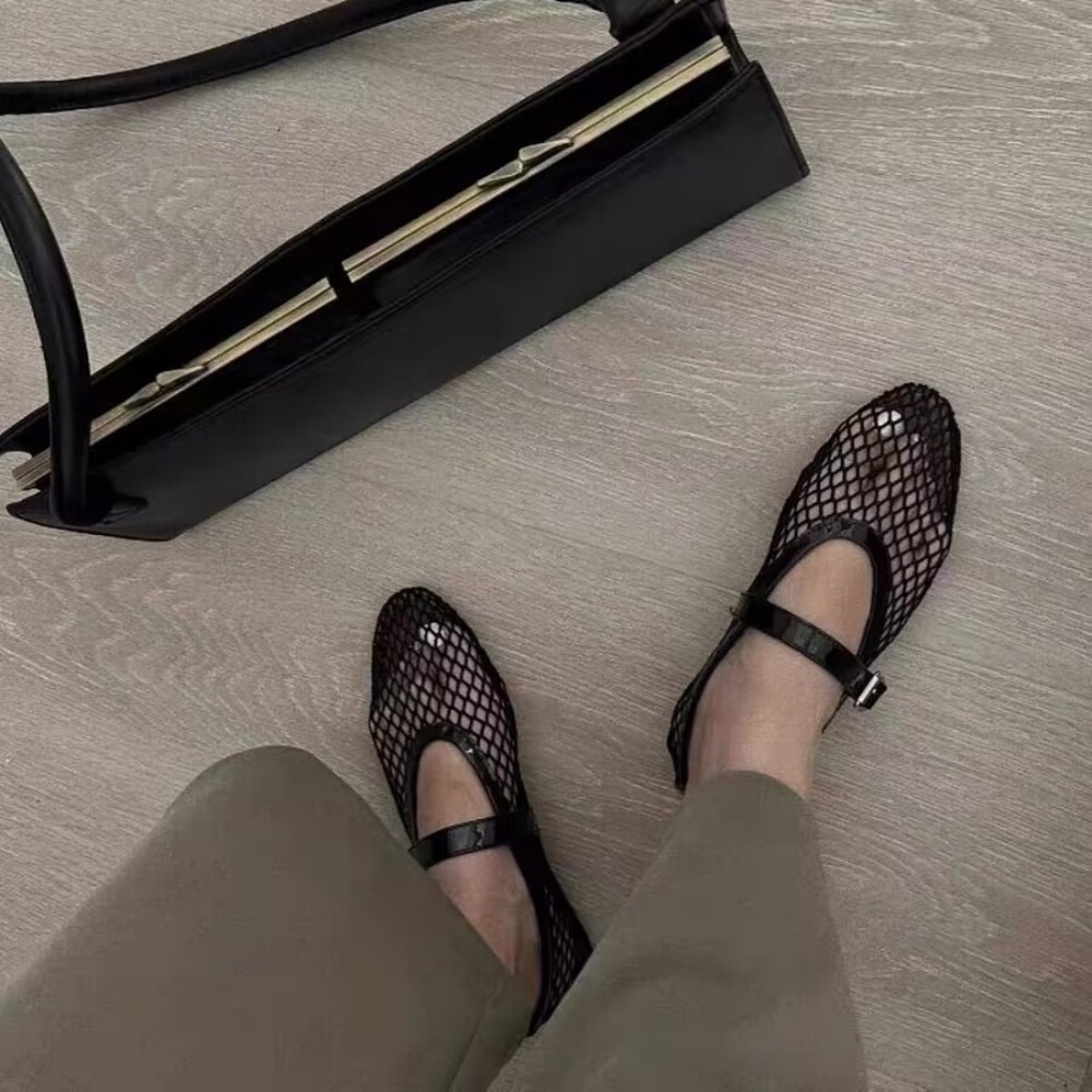 Breathable Mesh Black Ballet Shoes Female Fishnet Sandals Summer Flat Hollow Single Shoe 3