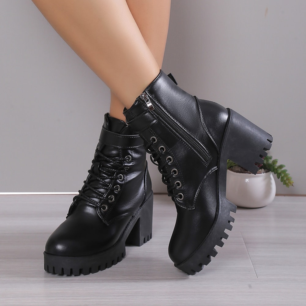 Comfortable Elegant Winter Women's Boots with Square Heel, Side Zipper, Solid Color, Round Head, Simple Thick Heel