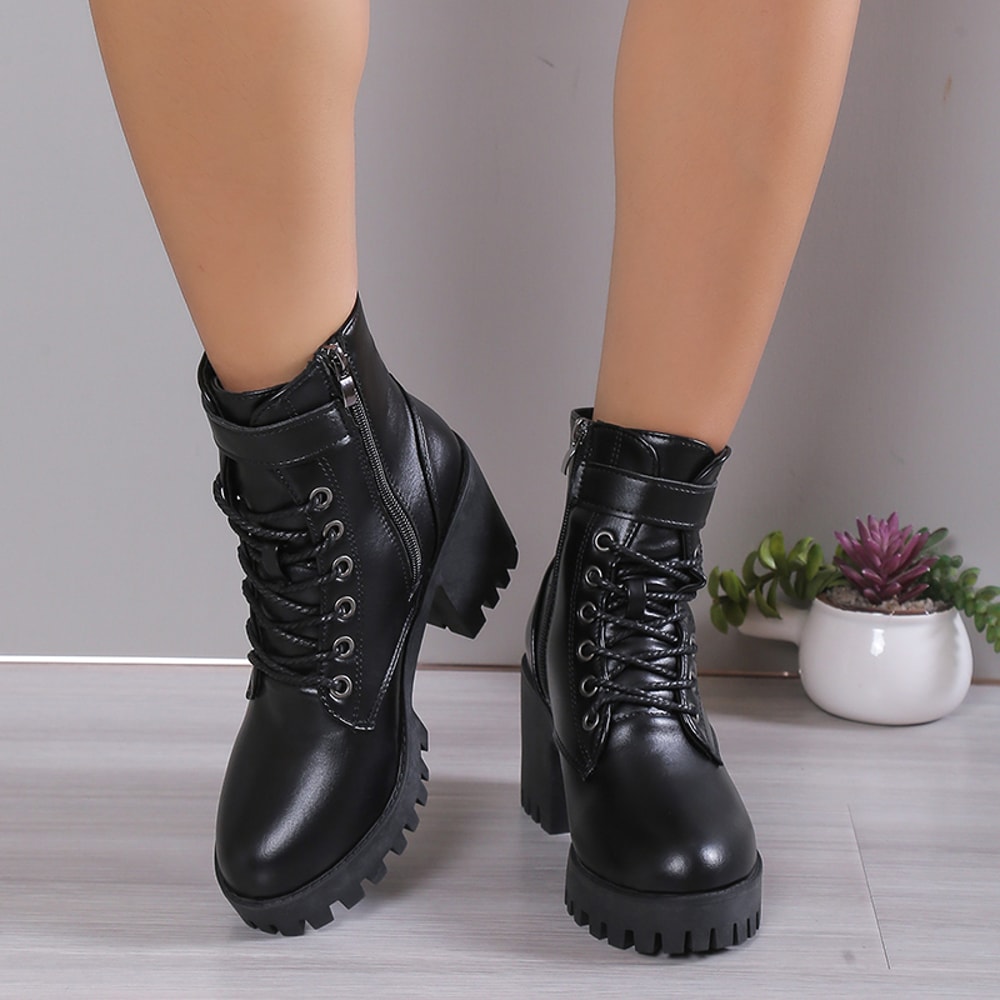 Comfortable Elegant Winter Women's Boots with Square Heel, Side Zipper, Solid Color, Round Head, Simple Thick Heel