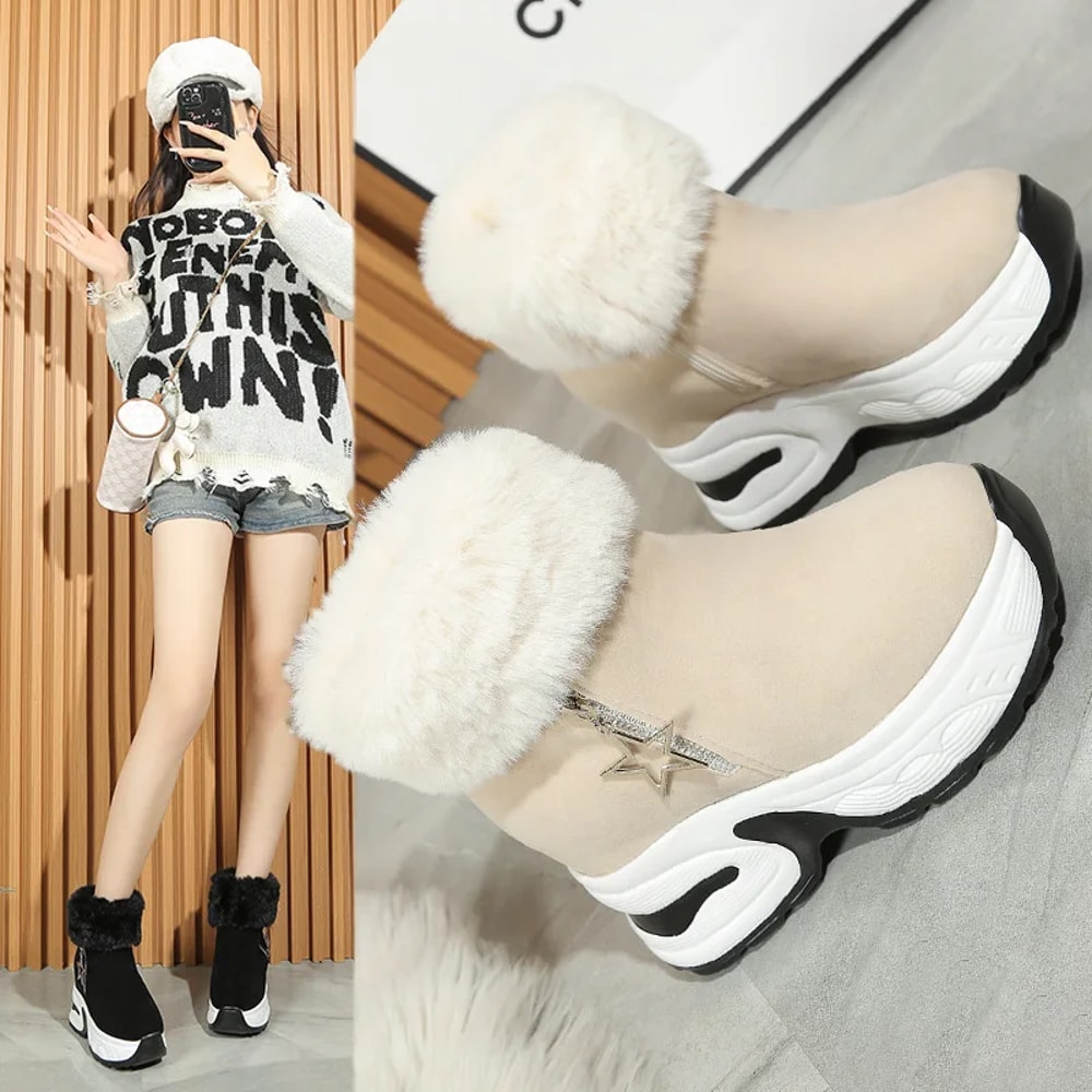 Winter Snow Boots Fleece Lined Warm Cotton Boots For Women Korean Style With Increased Inner Height