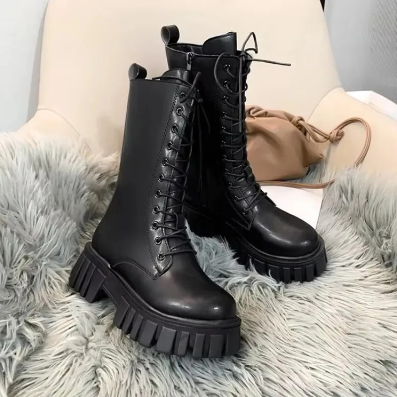 New Winter Boots Female Casual Ankle Boots Thick Heeled Midcalf Boots British Style With Thick Bott 2
