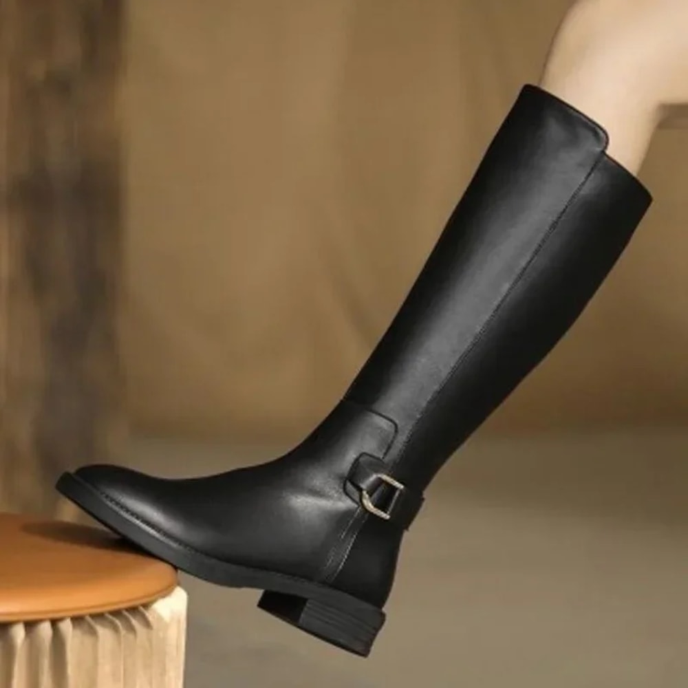 Long Black Knee Boots For Women With Buckle Metal Decoration PU Leather Fashion Outdoor Footwear 2