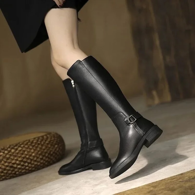 Long Black Knee Boots For Women With Buckle Metal Decoration PU Leather Fashion Outdoor Footwear 4