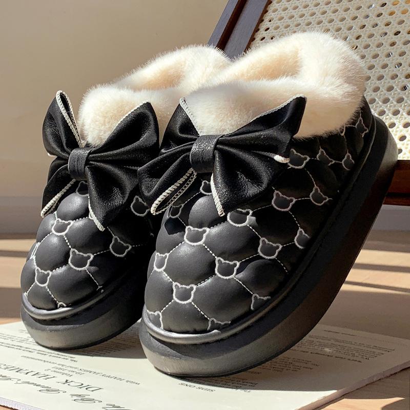 Warm Platform Ankle Boots Bowknot Winter Snow Booties For Women Indoor Fluffy Slippers House Flats 4
