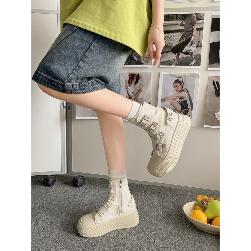 Buckle Strap Canvas Shoe for Women, High Top Female Shoes Design, High Street Grace Walking Zip Simplicity Style