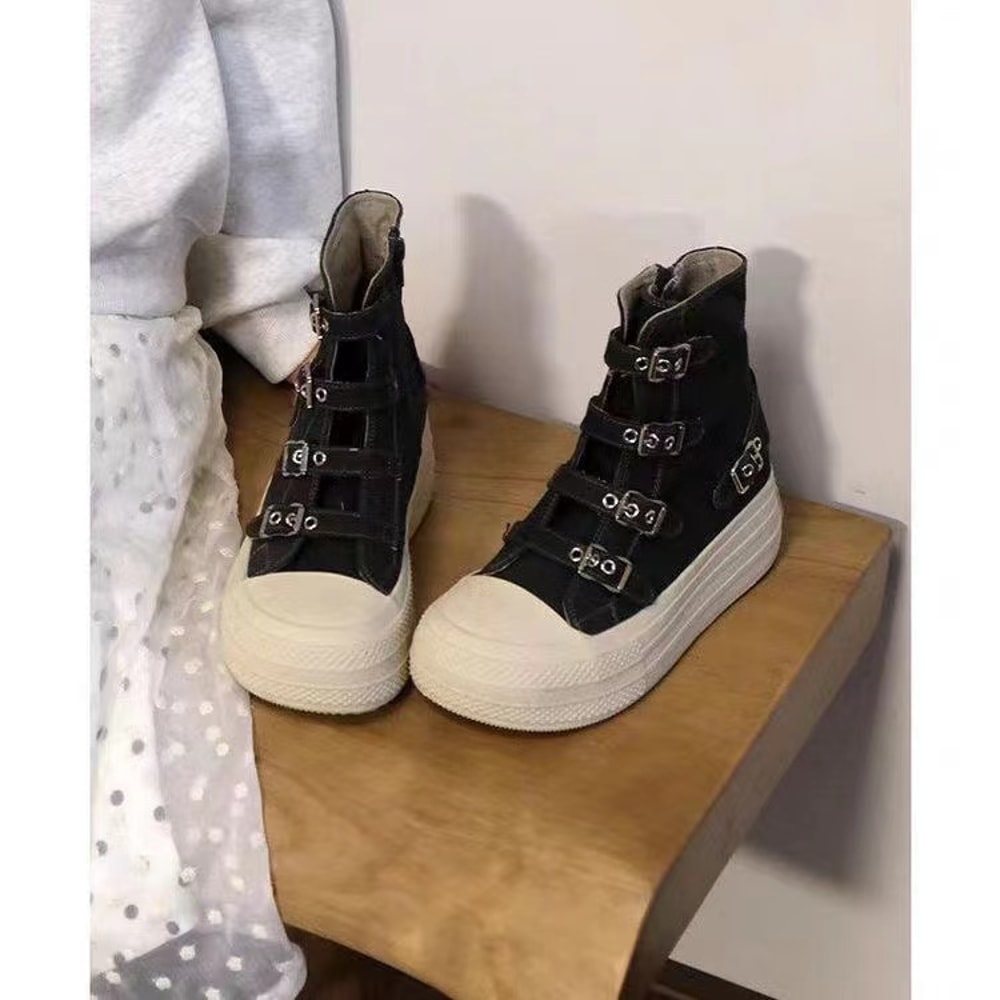 Buckle Strap Canvas Shoe for Women, High Top Female Shoes Design, High Street Grace Walking Zip Simplicity Style