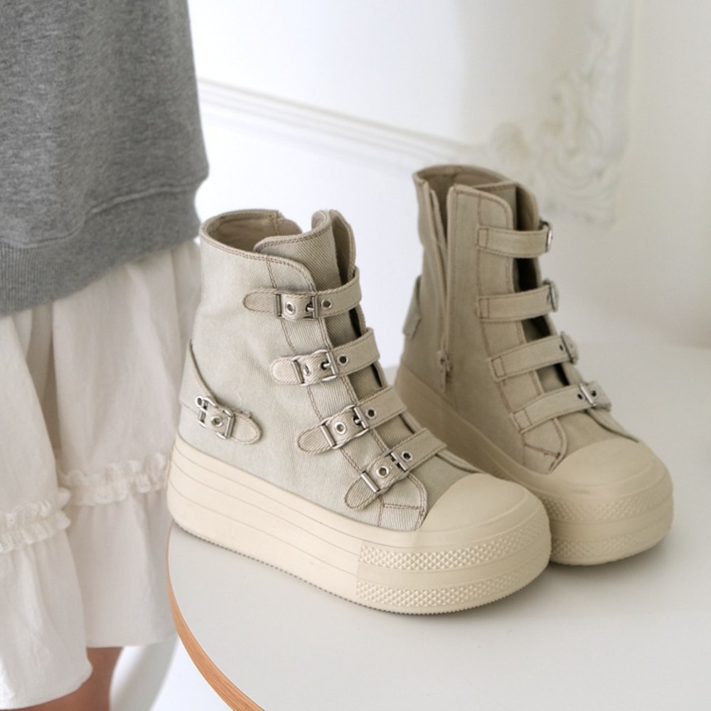 Buckle Strap Canvas Shoe for Women, High Top Female Shoes Design, High Street Grace Walking Zip Simplicity Style
