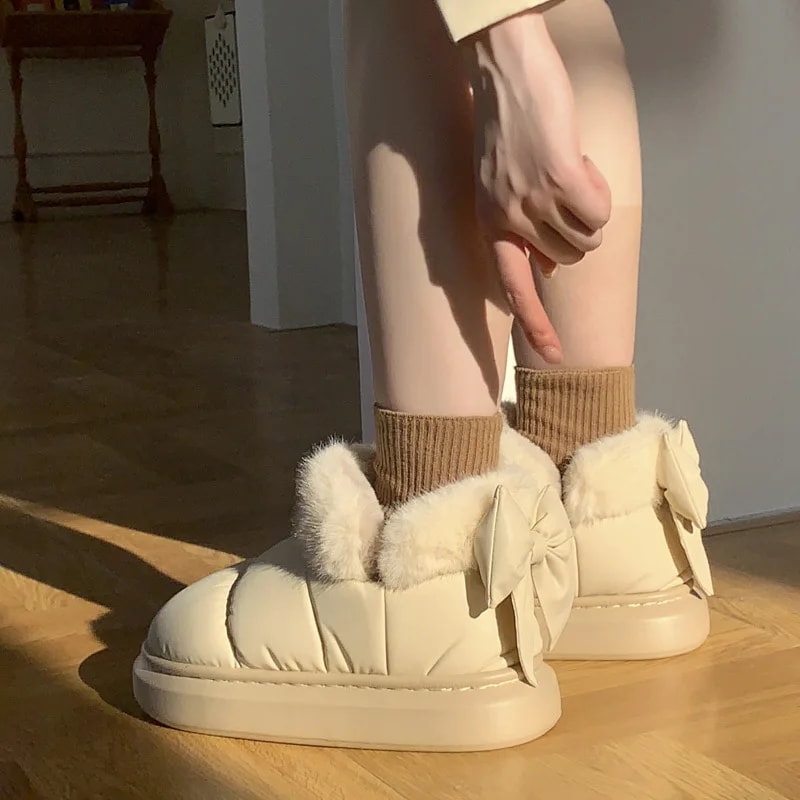 Winter Womens Bow Warmth Boots Cute Warm Ankle Plush Cotton Shoes Waterproof Down Cloth Short Barre 2