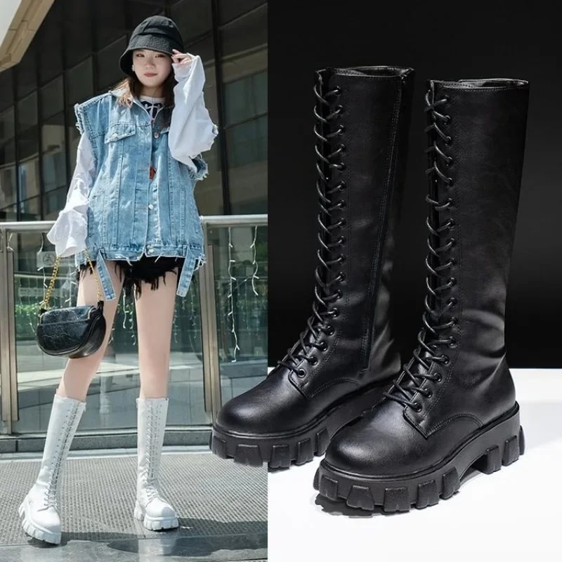Padded Shoes Womens Mid Calf Boots Platform Woman Military Punk Style Look Knee High Winter Sneaker 1