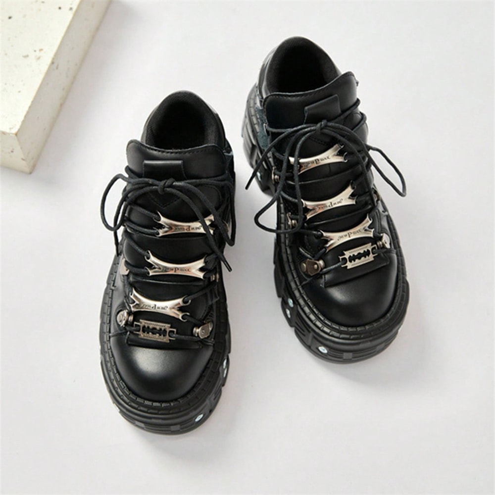 Punk Style Women Ankle Boots, Lace-up Platform Shoes, Black Rock Metal Decor, Gothic Heel Height Sneakers for Women