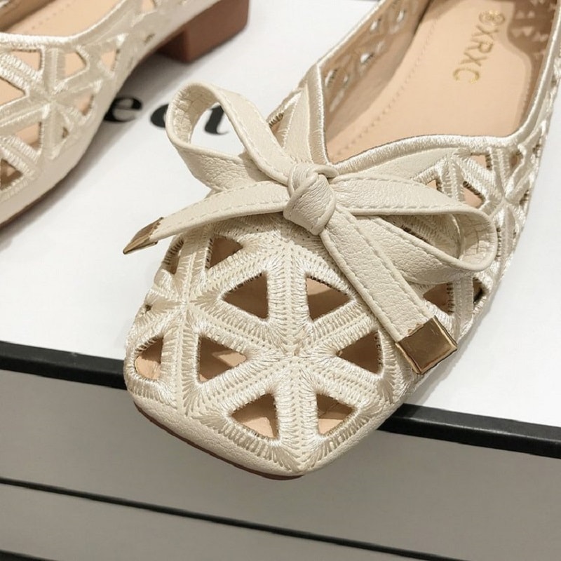 Women French Style Bow Flat Sandals Geometric CutOut PeepToe Beige Summer Shoes For Dresses 2