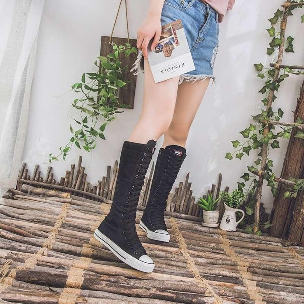 Womens High Top Canvas Shoes Korean Edition LaceUp Long Boot Comfortable Zipper Boots 2