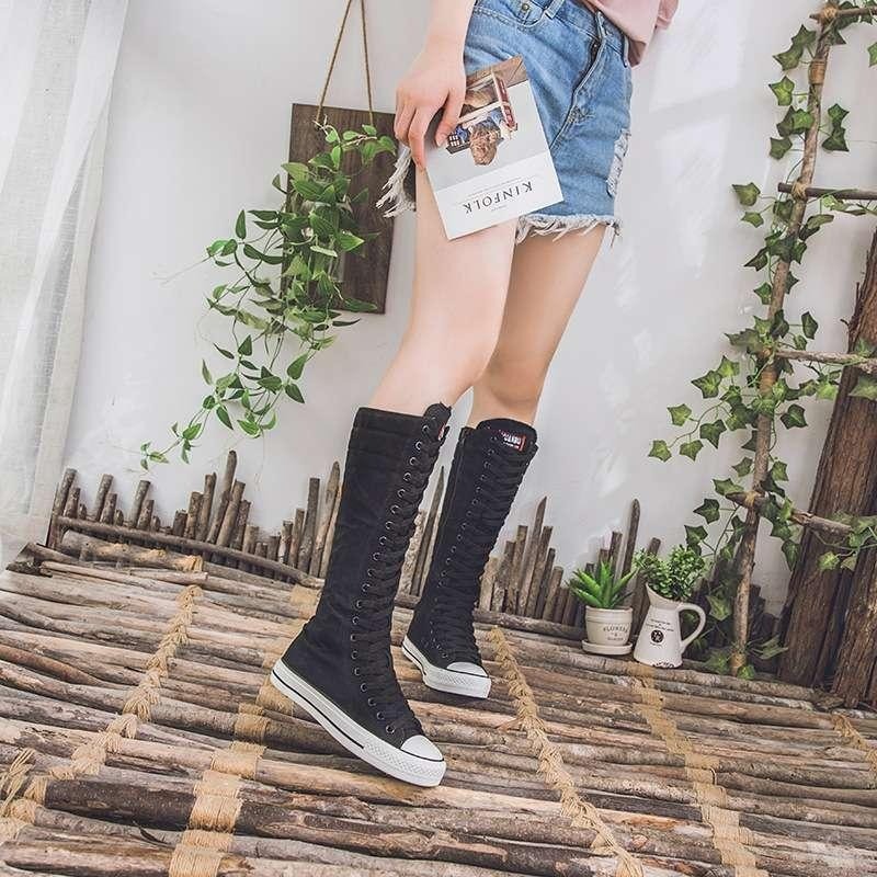 Womens High Top Canvas Shoes Korean Edition LaceUp Long Boot Comfortable Zipper Boots 2