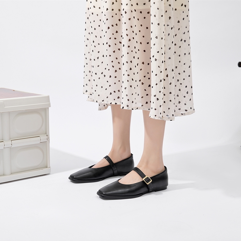 Genuine Leather Mary Jane Shoes Women Square Toe Snap Ballet Cowhide Flat Shoes 2