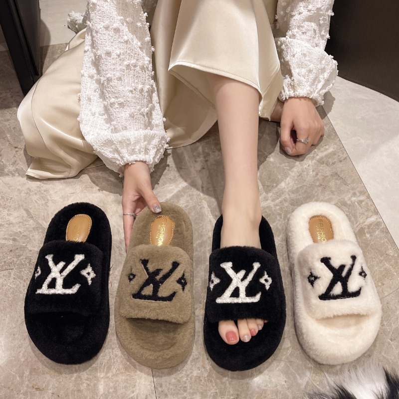 Women's Fur Slides Summer Flip Flops Party Plush Shoes Furry Home Footwear