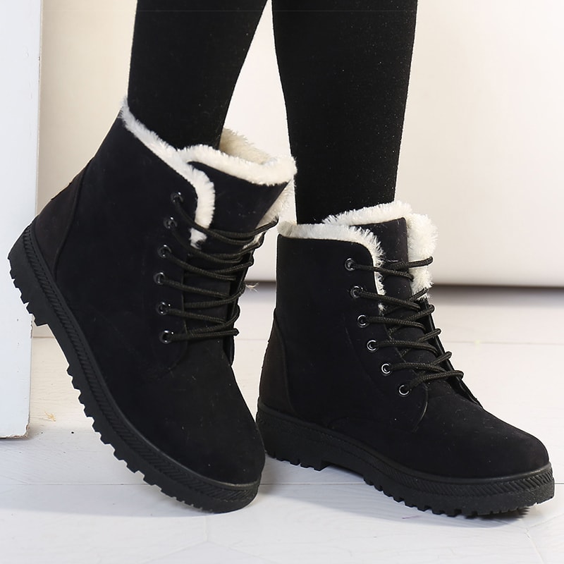 Womens Winter Boots Warm Fur Snow Boots Low Heels Black Ankle Boots Footwear For Women 0