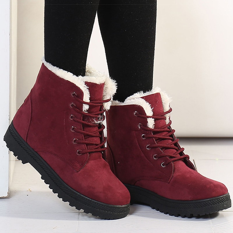 Womens Winter Boots Warm Fur Snow Boots Low Heels Black Ankle Boots Footwear For Women 7