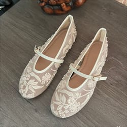 elegant white ballet flats, summer mary jane shoes, embroidered mesh, belt buckle strap designer ladies