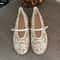 Elegant White Ballet Flats, Summer Mary Jane Shoes, Embroidered Mesh, Belt Buckle Strap Designer Ladies