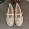 Elegant White Ballet Flats, Summer Mary Jane Shoes, Embroidered Mesh, Belt Buckle Strap Designer Ladies