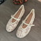Elegant White Ballet Flats, Summer Mary Jane Shoes, Embroidered Mesh, Belt Buckle Strap Designer Ladies