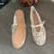 Elegant White Ballet Flats, Summer Mary Jane Shoes, Embroidered Mesh, Belt Buckle Strap Designer Ladies