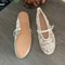Elegant White Ballet Flats, Summer Mary Jane Shoes, Embroidered Mesh, Belt Buckle Strap Designer Ladies