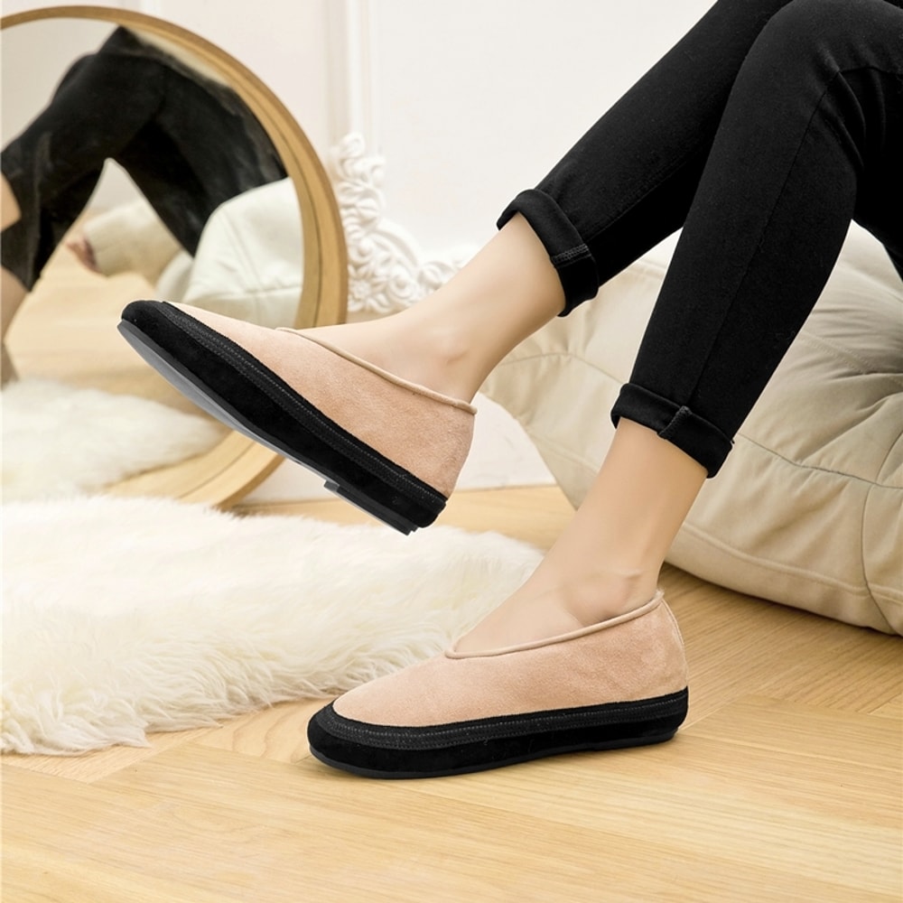 Comfortable Female Winter Ballet Shoes Genuine Leather Winter Flat Shoes Warm Snow Shoes With Fur L 1