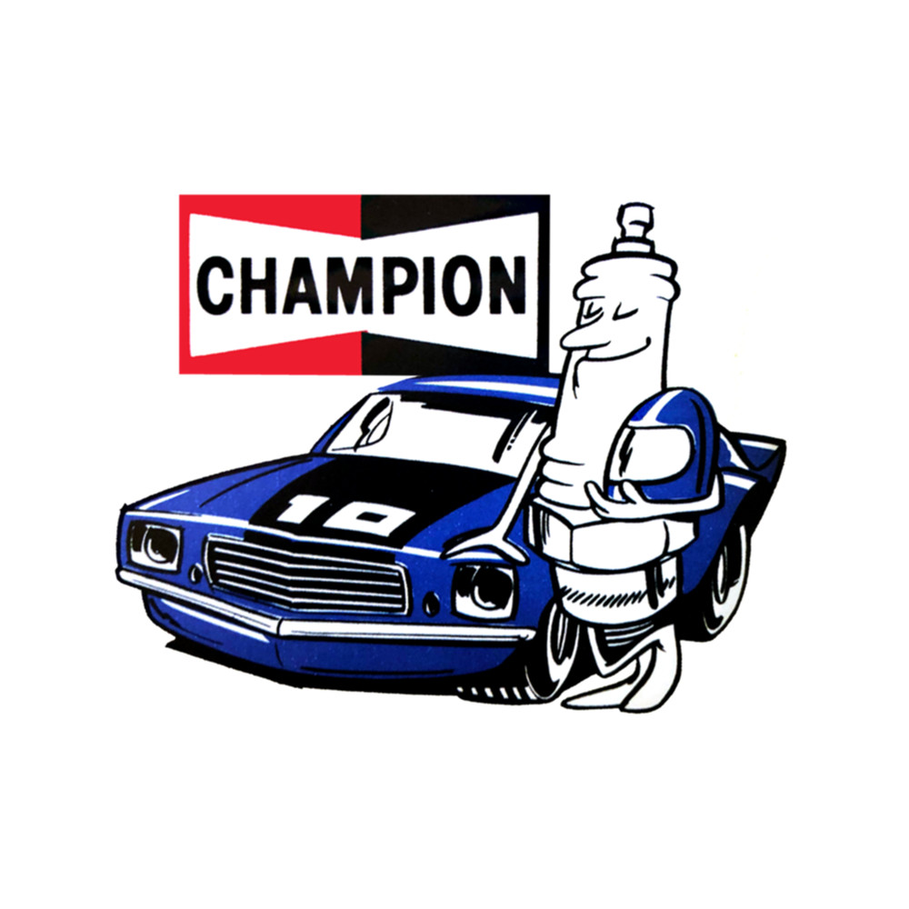 The Champion _quot_Spark Plug Man_quot_ Posing Next to A Racing Muscle Car from 1980.png