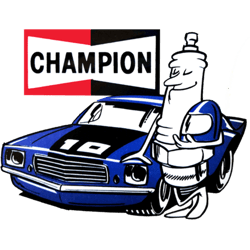 the champion quotspark plug manquot posing next to a racing muscle car from 1980