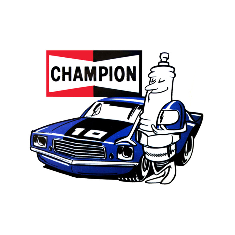 The Champion _quot_Spark Plug Man_quot_ Posing Next to A Racing Muscle Car from 1980.png