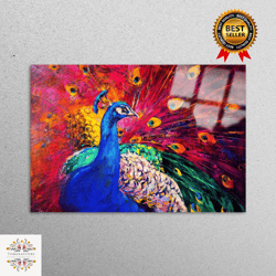 multicolored peacock wall art, colorful bird glass art, peacock glass art, glass wall art, animal glass art, 3d canvas,