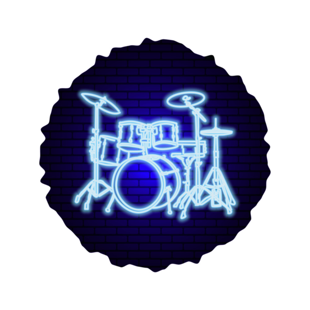 Drum kit in neon light on a brick wall background    .png