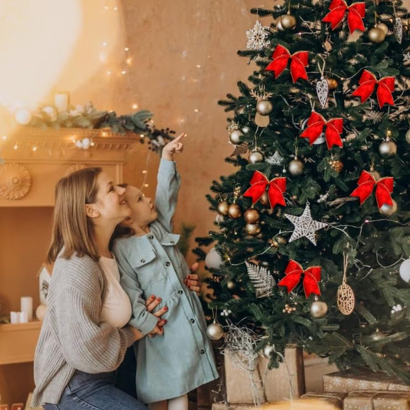 Red Velvet Bows for Wreath, Winter Rustic Bows, Christmas Tree Bows, Wedding Decor, Gilt Edged