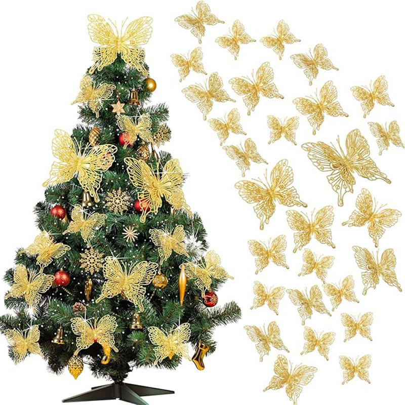 Glitter Hollow Butterfly Decor Christmas Tree Butterfly Tree Hanging Decor Home New Year Navidad De 0