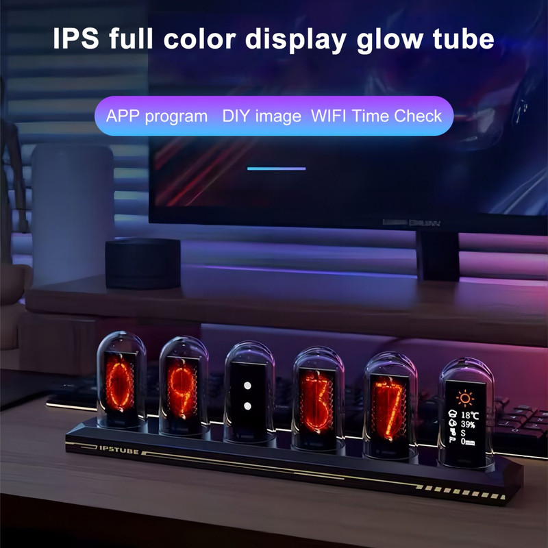 DIY RGB Nixie Tube Clock, IPS Color Screen LED Glows Analog Digital Tube Night Lightsr Gaming Desktop, Modern Home Decor