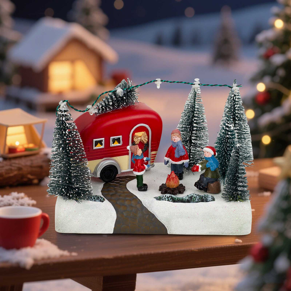 LED Light up Village Collection, Christmas Camper Scene Caravan Figurine, Indoor Table Decor, Festive Holiday Home
